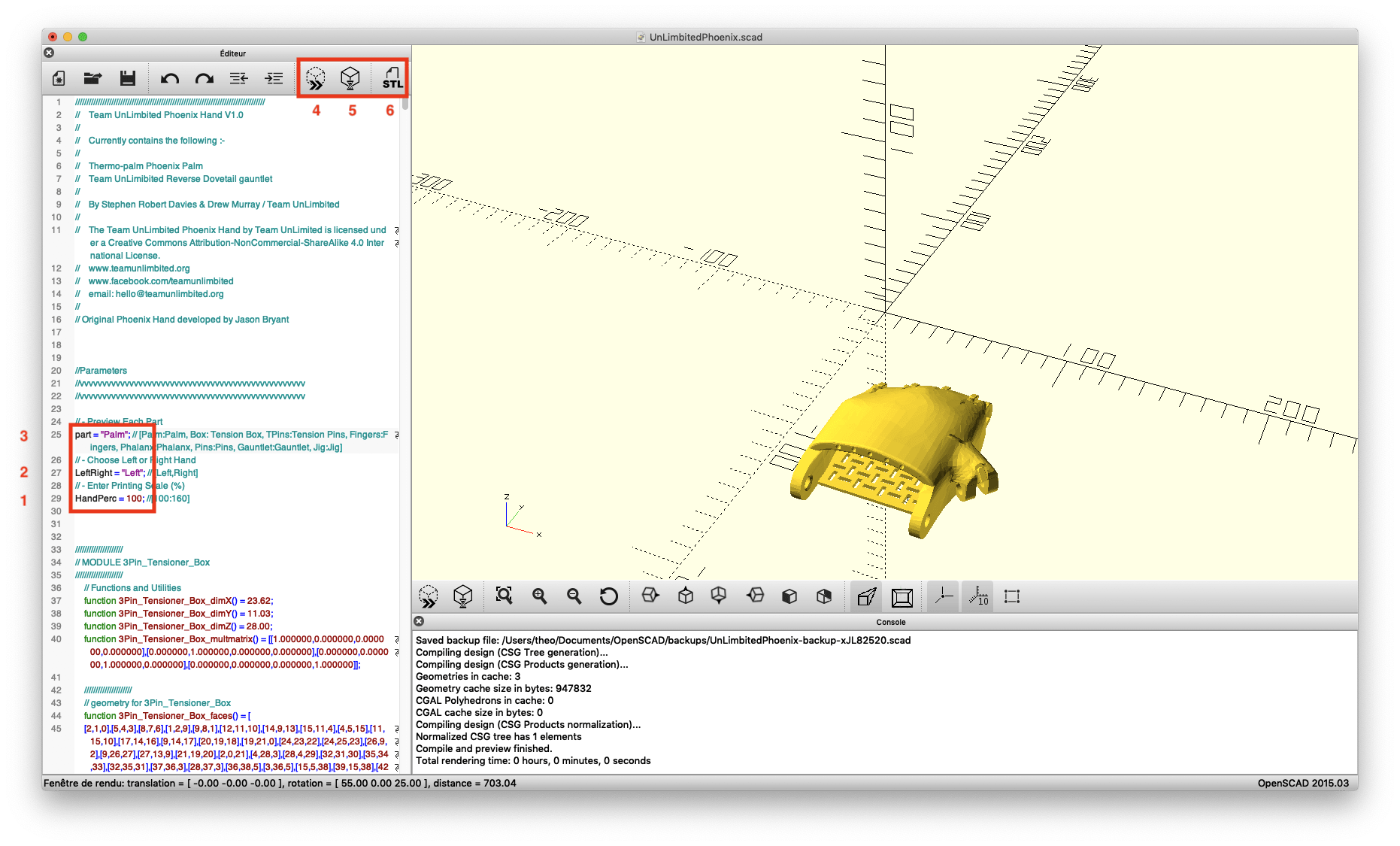 impression écran de l'affichage du fichier de la main Phoenix sur Openscad