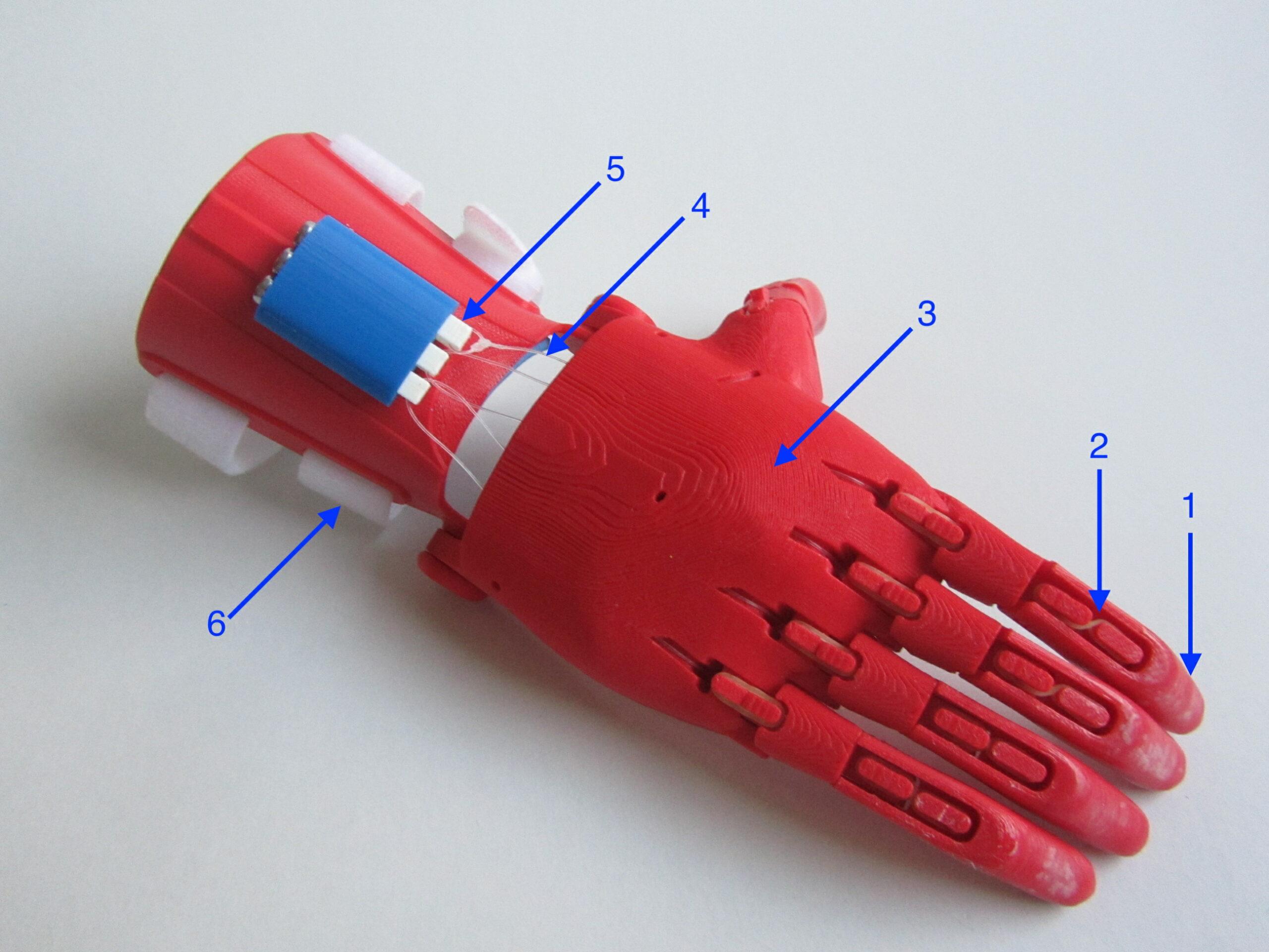 photo d'une main de test e-Nable imprimée en 3D avec des indicateurs